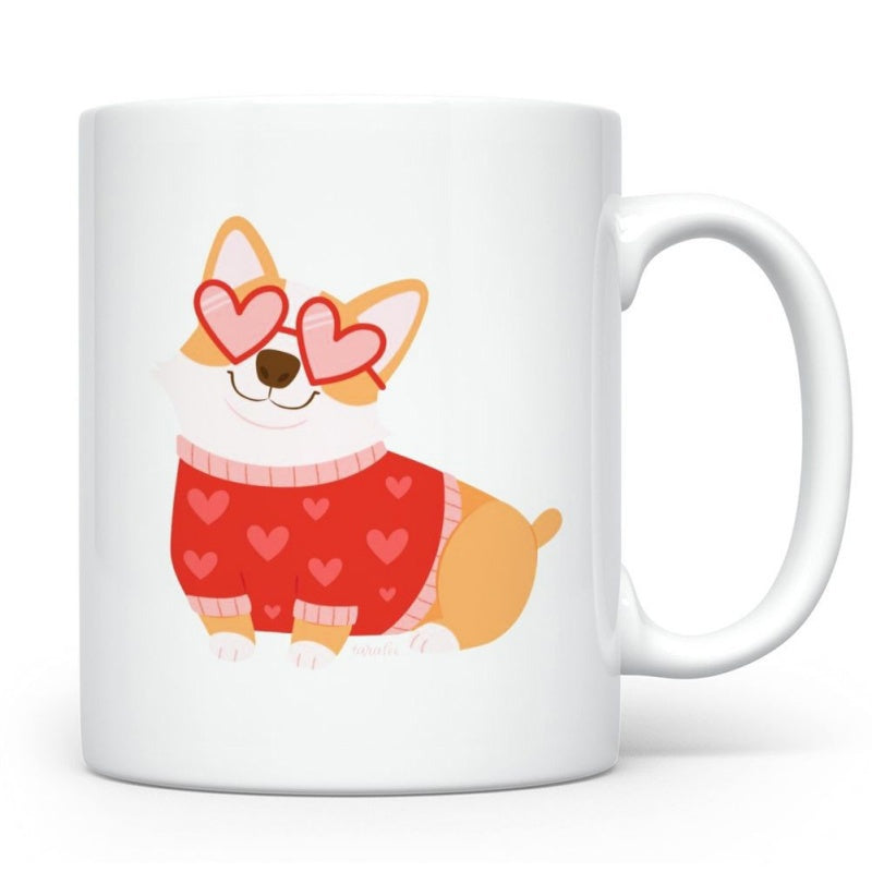 Tailorly White Ceramic 11 oz Mug - Cute Cartoon Pup Wearing Pink Heart Glasses And Red Heart Patterned Sweater Corgi