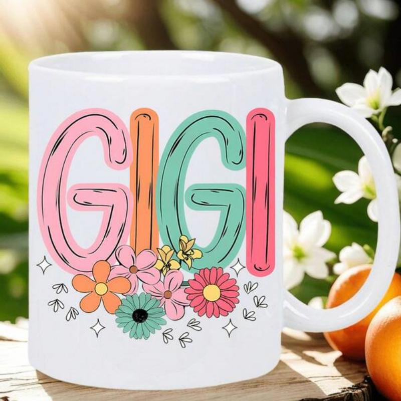 Tailorly White Ceramic 11 oz Mug - Gigi Colorful Retro Letters Surrounded By Blooming Vibrant Garden Floral Mug
