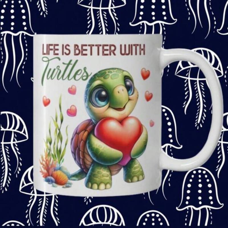 Tailorly White Ceramic 11 oz Mug - Life Is Better With Turtles Adorable Sea Creature Holding A Red Heart Surrounded By Small Hearts Turtle