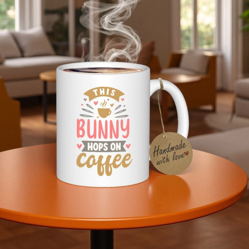 Tailorly White Ceramic 11 oz Mug - This Bunny Hops On Coffee Stylized Typography With Playful Hearts And Steaming Warm Beverage Coffee