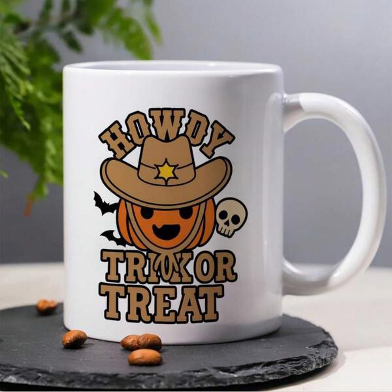 Tailorly White Ceramic 11 oz Mug - Howdy Trick Or Treat Smiling Halloween Pumpkin Wearing Cowboy Hat With Sheriff Star Pumpkin