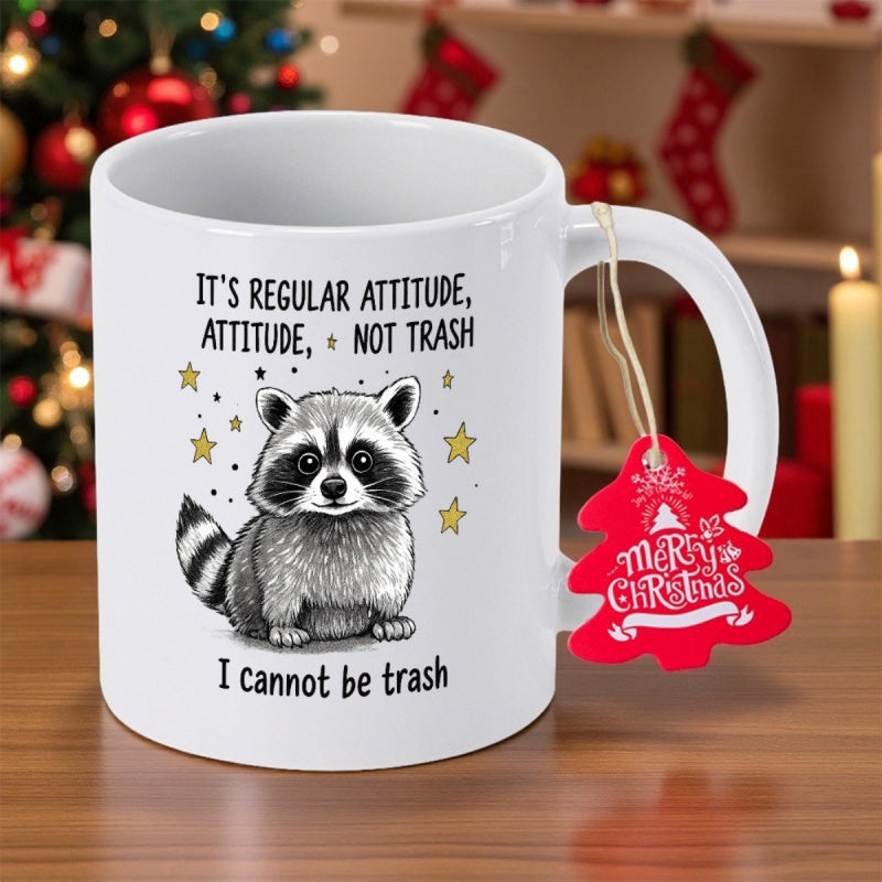 Tailorly White Ceramic 11 oz Mug - Its Regular Attitude Not Trash I Cannot Be Trash Adorable Fluffy Forest Animal Surrounded By Twinkling Golden Stars Raccoon