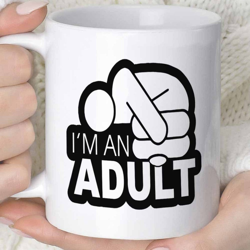 Tailorly White Ceramic 11 oz Mug - Im An Adult Minimalist Bold Black And White Line Art Featuring A Pointing Human Hand