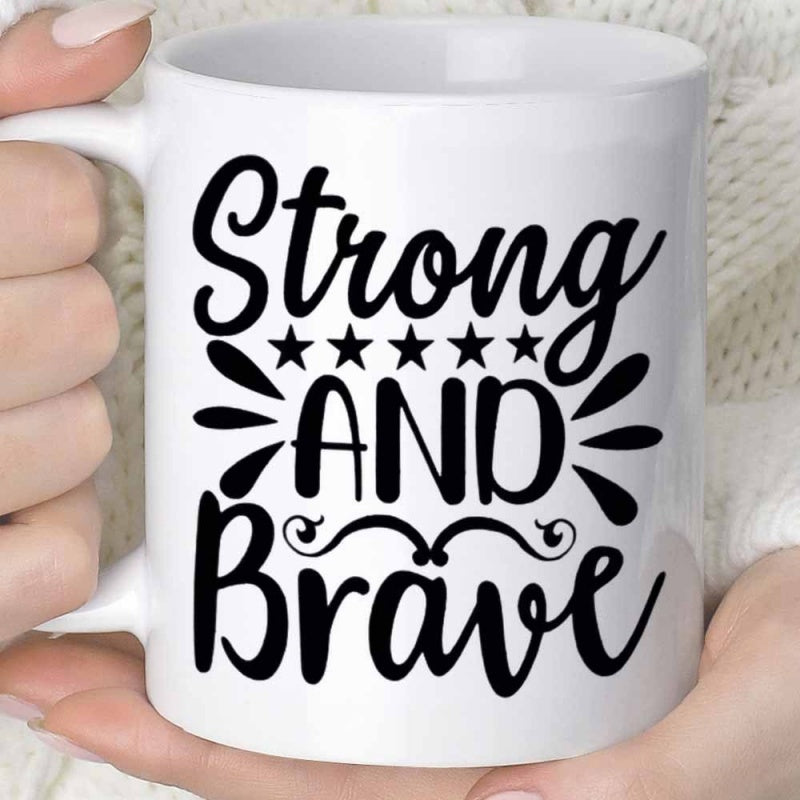 Tailorly White Ceramic 11 oz Mug - Strong And Brave Five Stars Decorative Swirls And Elegant Script Lettering Mug