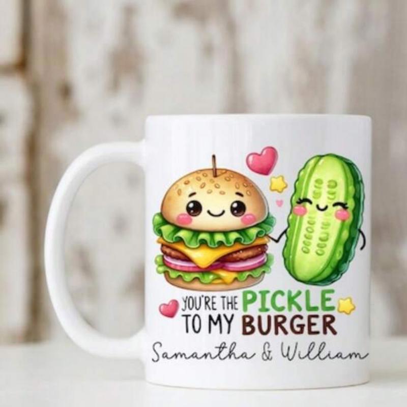 Tailorly White Ceramic 11 oz Mug - Youre The Pickle To My Burger Samantha William Cute Kawaii Food Characters Holding Hands Surrounded By Floating Hearts Burger
