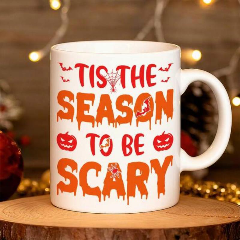 Tailorly White Ceramic 11 oz Mug - Tis The Season To Be Scary Spooky Bats Flying Near Jack O Lanterns And Spiderweb Mug