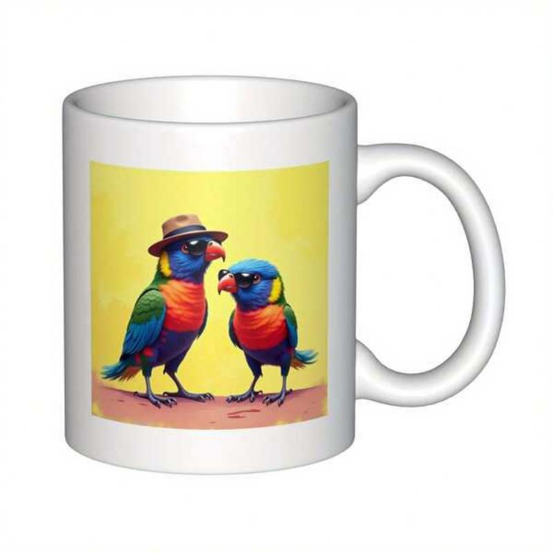 Tailorly White Ceramic 11 oz Mug - Vibrant Colorful Tropical Birds Wearing Stylish Hats And Sunglasses Standing Bird