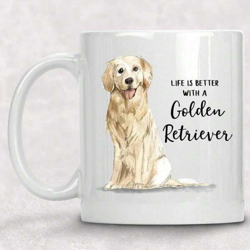 Tailorly White Ceramic 11 oz Mug - Life Is Better With A Golden Retriever Adorable Watercolor Pet Sitting Calmly With A Happy Friendly Face Dog
