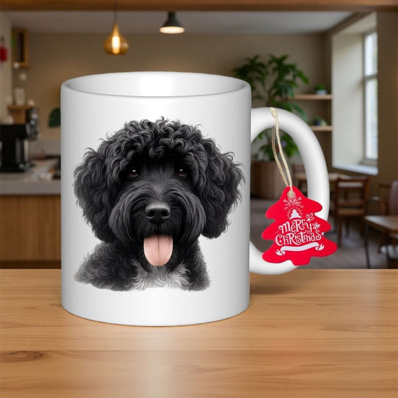 Tailorly White Ceramic 11 oz Mug - Fluffy Black Curly Haired Friendly Dog With Pink Tongue Out Portrait Dog