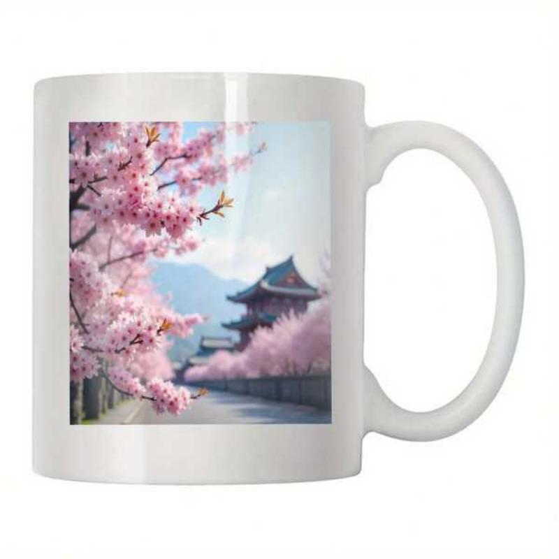 Tailorly White Ceramic 11 oz Mug - Blooming Pink Cherry Blossoms Under Blue Sky With Ancient Traditional Pagoda Landscape