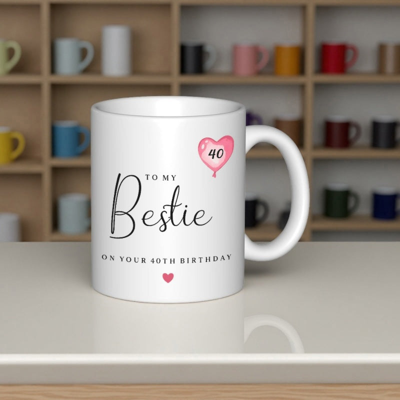 Tailorly White Ceramic 11 oz Mug - To My Bestie On Your 40th Birthday Soft Pink Heart Balloon Floating In Air Beside Minimalist Text Heart
