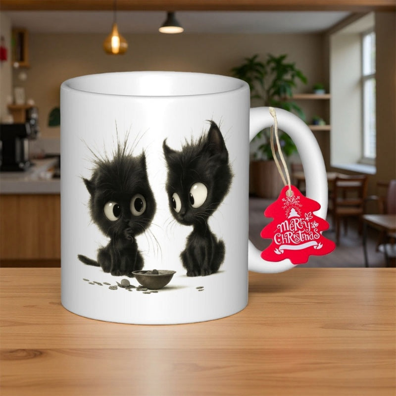 Tailorly White Ceramic 11 oz Mug - Merry Christmas Two Adorable Messy Black Kittens Sitting Together Near A Food Bowl Kittens