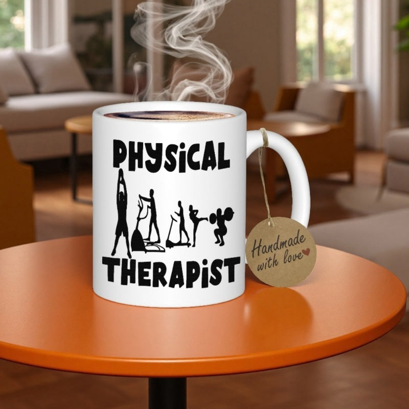 Tailorly White Ceramic 11 oz Mug - Physical Therapist Various Active Figures Performing Rehabilitation Exercises And Strength Training Silhouette