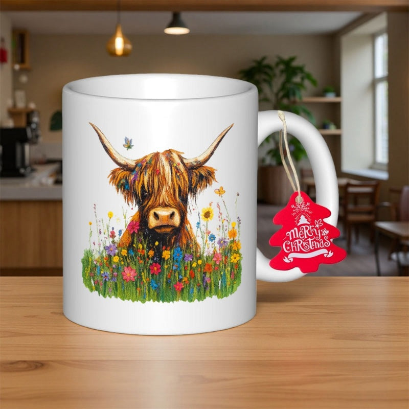 Tailorly White Ceramic 11 oz Mug - Merry Christmas Watercolor Highland Cow Standing Among Vibrant Wildflowers In Lush Green Grass Cow