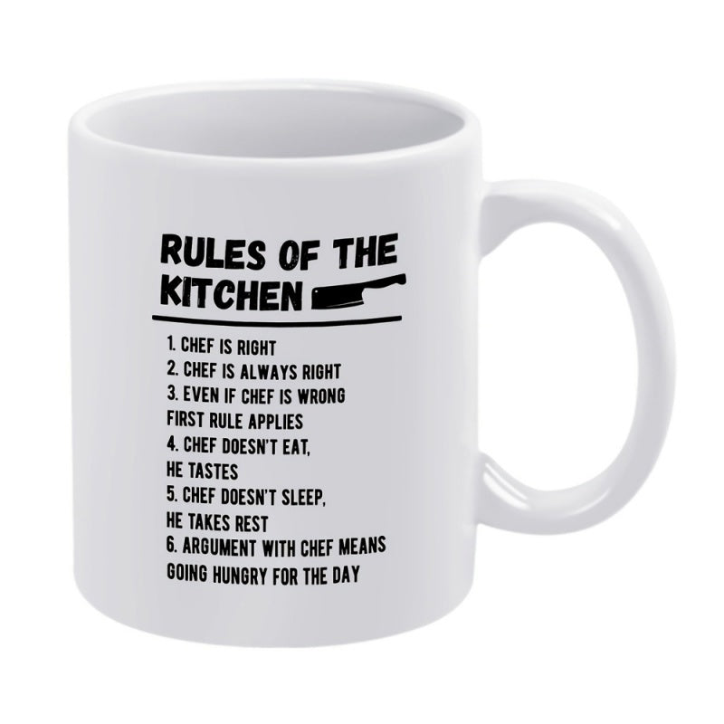 Tailorly White Ceramic 11 oz Mug - Rules Of The Kitchen Simple Bold Black Text Featuring A Small Sharp Cleaver