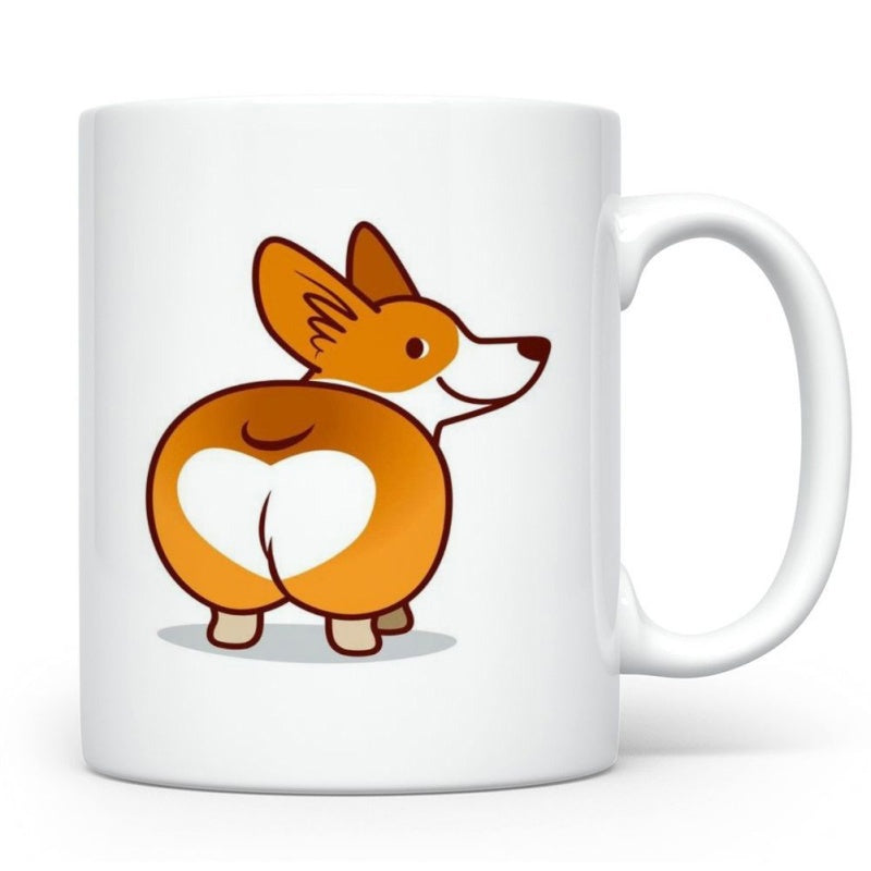 Tailorly White Ceramic 11 oz Mug - Cute Cartoon Dog With Heart Shaped Fluffy White Backside And Playful Expression Corgi