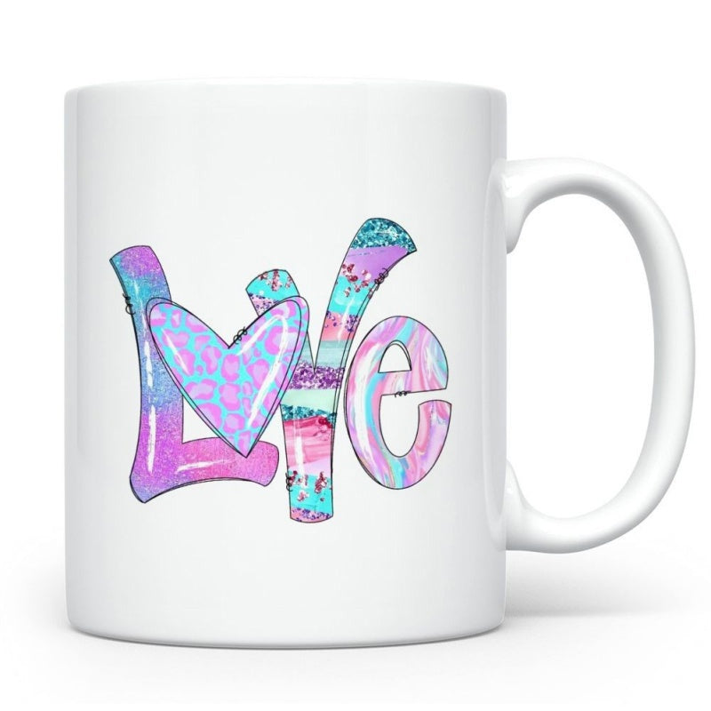Tailorly White Ceramic 11 oz Mug - Love Pastel Colorful Leopard Print Bubble Letter Textured Artistic Decorative Heart