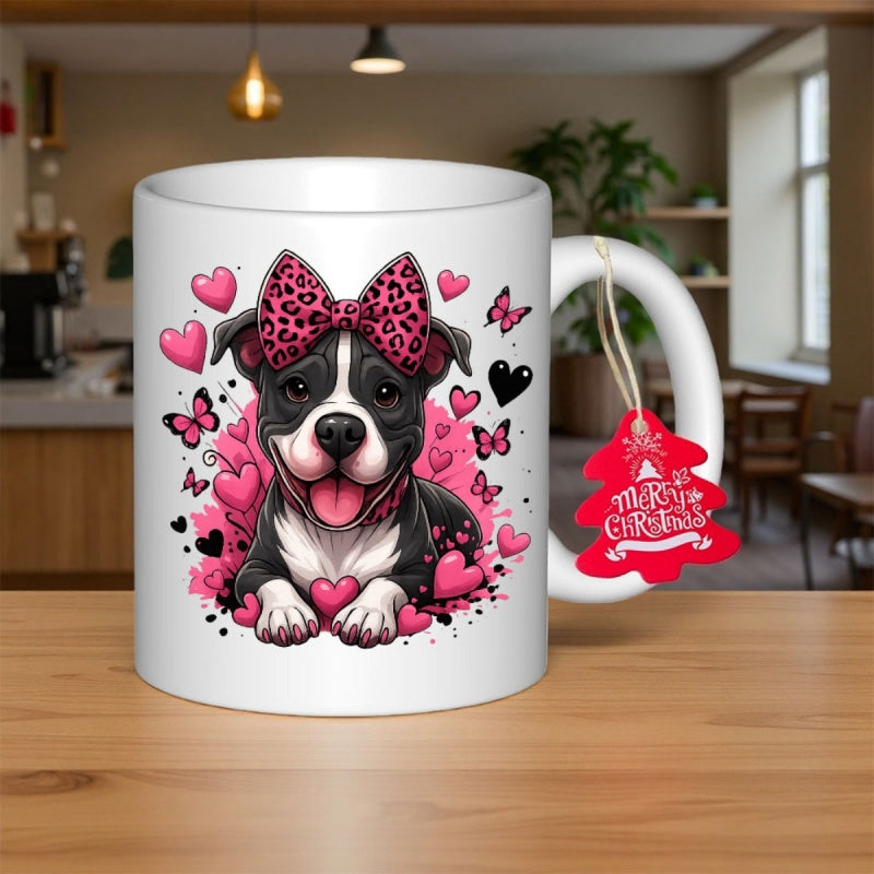 Tailorly White Ceramic 11 oz Mug - Adorable Pitbull Wearing Pink Leopard Bow Surrounded By Heart And Butterfly Dog