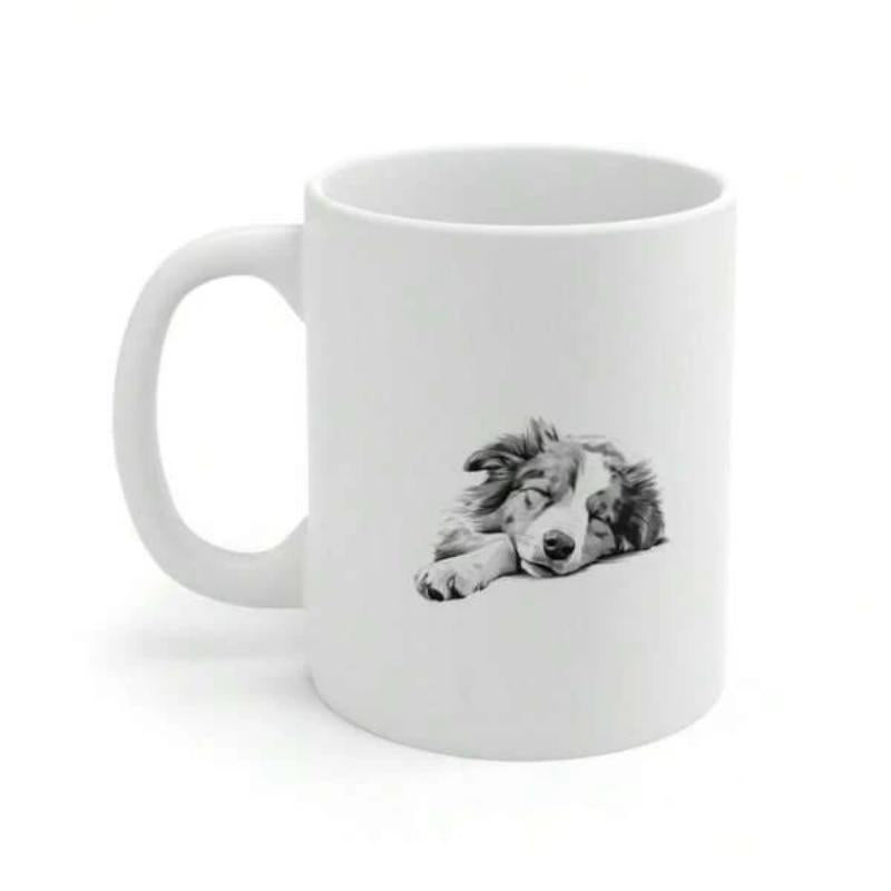 Tailorly White Ceramic 11 oz Mug - Peaceful Sleeping Border Collie Resting Head On Paws In Grayscale Dog