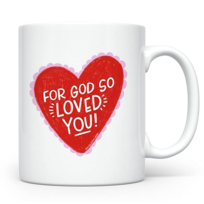 Tailorly White Ceramic 11 oz Mug - For God So Loved You Vibrant Red With Delicate Pink Scalloped Lace Border Surrounding A Heart