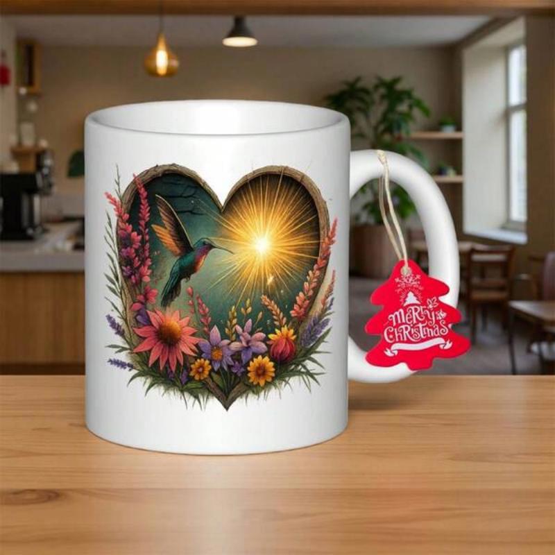 Tailorly White Ceramic 11 oz Mug - Merry Christmas Vibrant Garden Flowers Within Heart Frame Under Radiant Golden Morning Sunlight Hummingbird