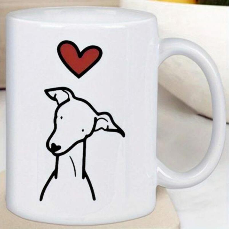 Tailorly White Ceramic 11 oz Mug - Minimalist Hand Drawn Greyhound Illustration With Small Red Heart Floating Sighthound