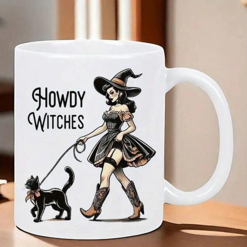 Tailorly White Ceramic 11 oz Mug - Howdy Witches Stylish Woman Walking A Black Cat With Leash Wearing Cowboy Boots Witch