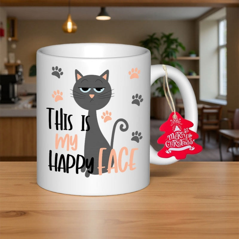 Tailorly White Ceramic 11 oz Mug - This Is My Happy Face Grumpy Black Feline Surrounded By Cute Paws In Whimsical Style Cat