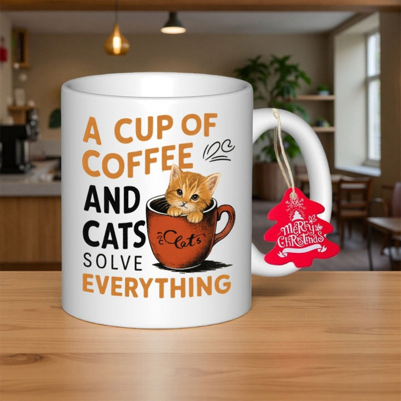 Tailorly White Ceramic 11 oz Mug - A Cup Of Coffee And Cats Solve Everything Tiny Ginger Kitten Inside A Decorative Brown Ceramic Mug Cat