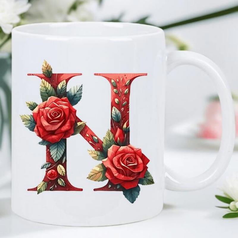 Tailorly White Ceramic 11 oz Mug - N Elegant Red Roses Blooming Gracefully Around A Classic Serif Lettered Monogram