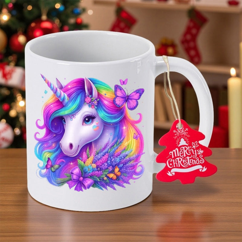 Tailorly White Ceramic 11 oz Mug - Merry Christmas Magical Rainbow Mane Featuring Butterflies And Vibrant Flowers Unicorn