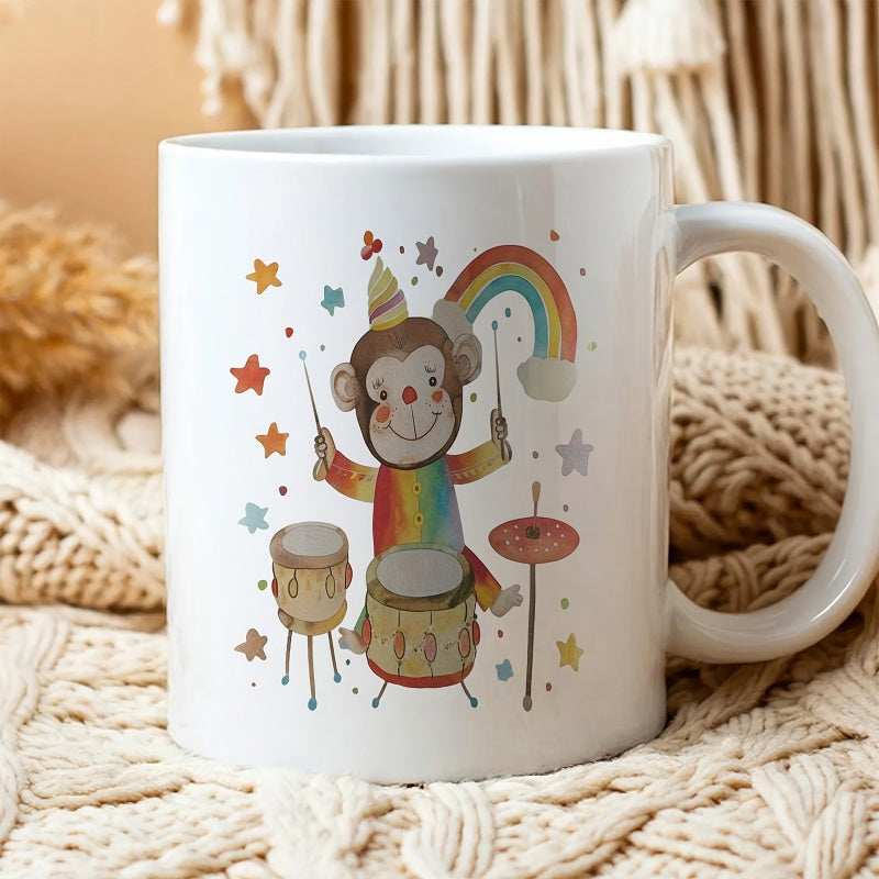 Tailorly White Ceramic 11 oz Mug - Whimsical Hand Drawn Cartoon Animal Playing Drums Under Vibrant Rainbow And Stars Monkey