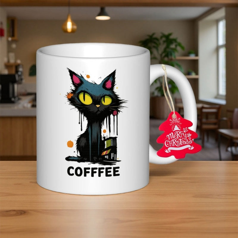 Tailorly White Ceramic 11 oz Mug - Cofffee Stylized Grungy Black Pattern With Large Glowing Yellow Eyes And Ink Drips Cat