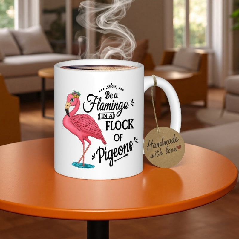 Tailorly White Ceramic 11 oz Mug - Be A Flamingo In A Flock Of Pigeons Vibrant Pink Bird Standing Upon Calm Reflective Blue Water Flamingo