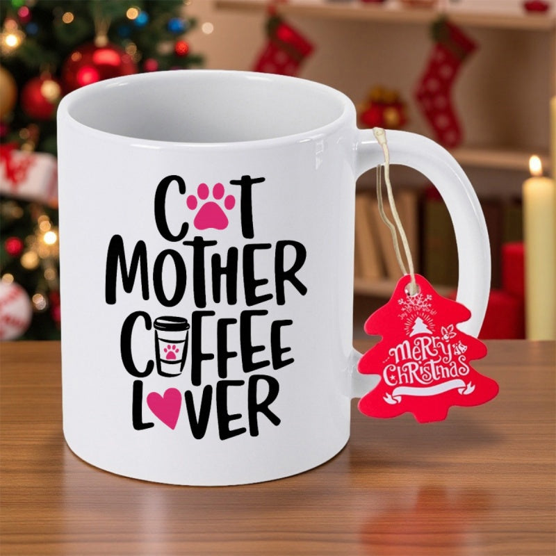 Tailorly White Ceramic 11 oz Mug - Cat Mother Coffee Lover Minimalist White Ceramic Vessel Displaying Artistic Script Amidst Pink Paw And Heart Icons Mug