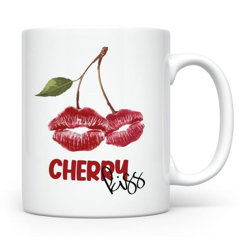 Tailorly White Ceramic 11 oz Mug - Cherry Kiss Artistic Red Lipstick Marks Forming Two Ripe Summer Cherries