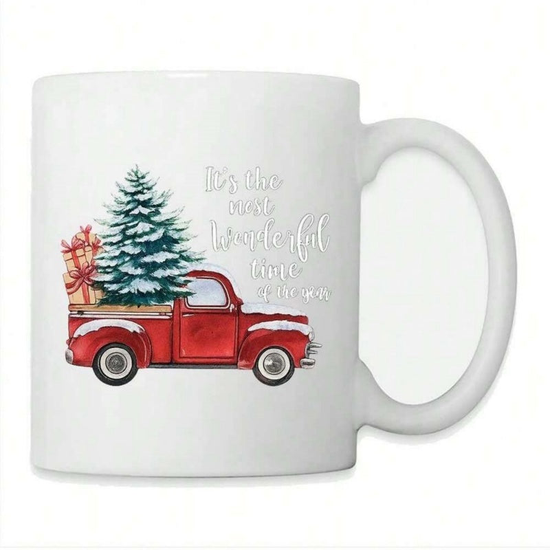 Tailorly White Ceramic 11 oz Mug - Its The Most Wonderful Time Of The Year Vintage Red Pickup Carrying Snowy Evergreen Tree And Presents Truck