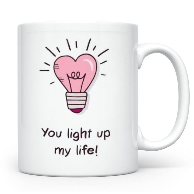 Tailorly White Ceramic 11 oz Mug - You Light Up My Life Glowing Pink Heart Shaped With Radiating Black Lines Lightbulb