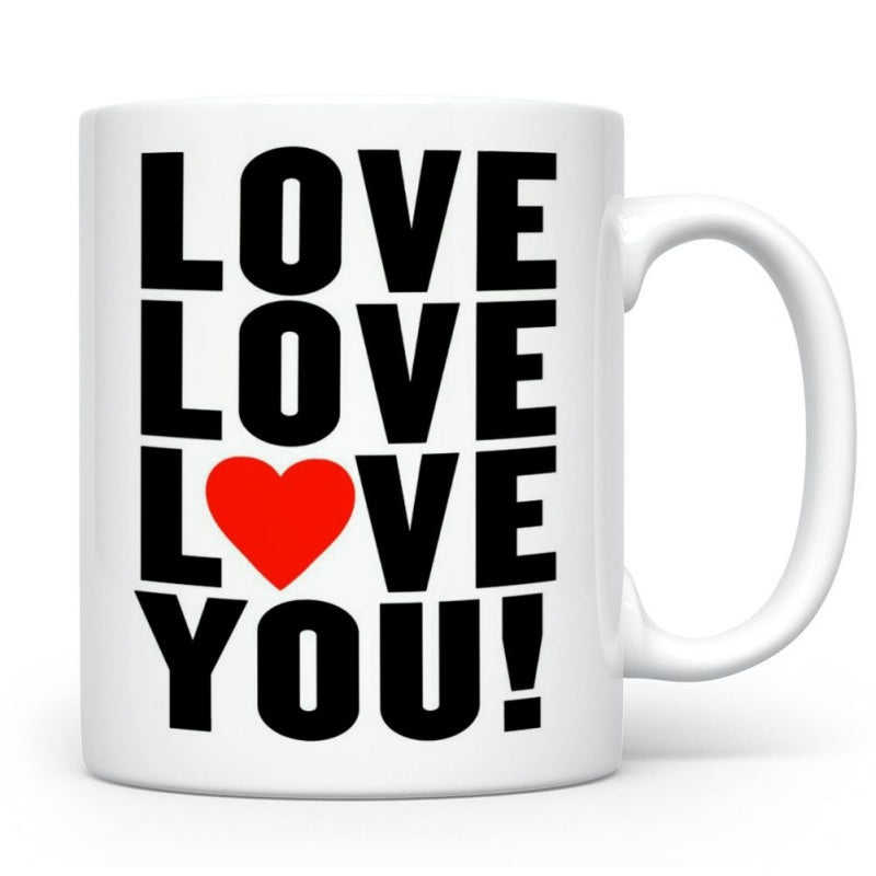 Tailorly White Ceramic 11 oz Mug - Love Love Love You Bold Black Stacked Letters Featuring A Vibrant Small Red Heart Mug