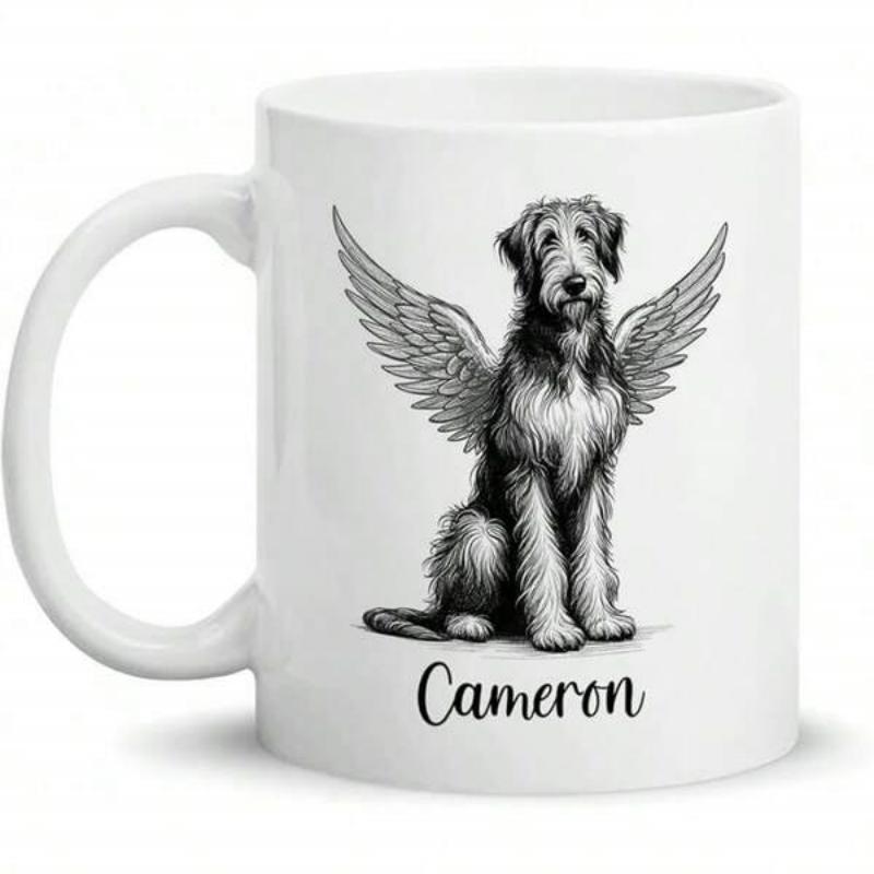 Tailorly White Ceramic 11 oz Mug - Cameron Hand Drawn Sketch Of A Winged Canine Sitting With Graceful Feathers Dog