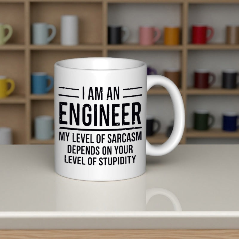 Tailorly White Ceramic 11 oz Mug - I Am An Engineer My Level Of Sarcasm Depends On Your Level Of Stupidity Polished White Porcelain Surface Featuring Bold Black