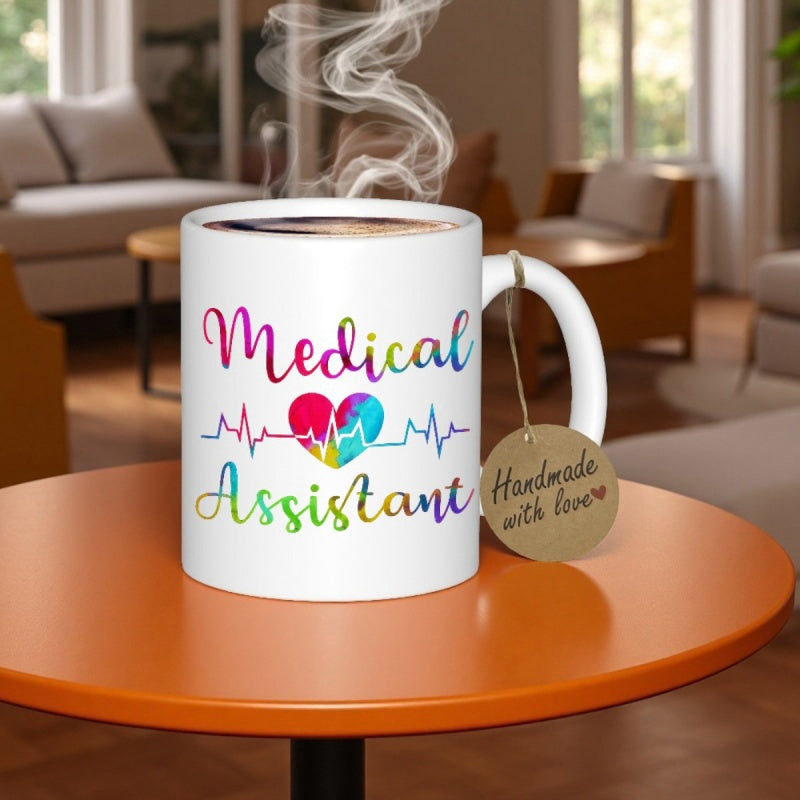 Tailorly White Ceramic 11 oz Mug - Medical Assistant Vibrant Rainbow Watercolor Texture With Medical Ekg Heartbeat Rhythm Heart