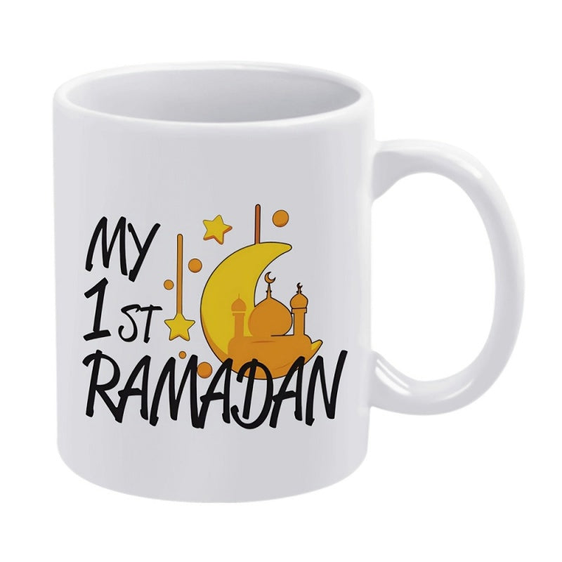 Tailorly White Ceramic 11 oz Mug - My 1st Ramadan Golden Crescent Moon With Elegant Mosque Silhouette And Hanging Stars Moon
