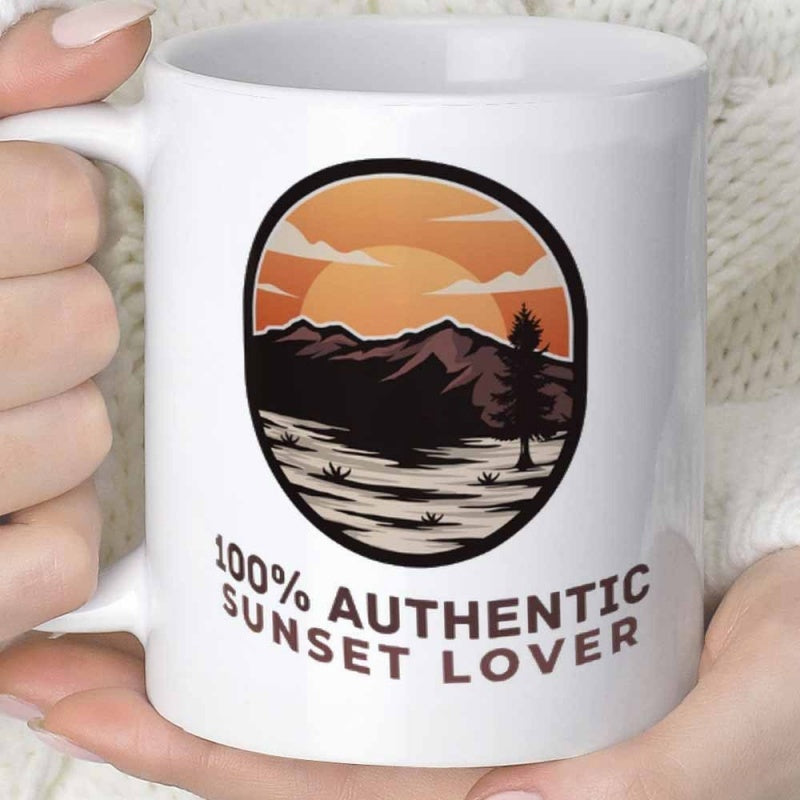 Tailorly White Ceramic 11 oz Mug - Authentic Sunset Lover Circular Emblem Of Rugged Mountains Under A Warm Glowing Sunset