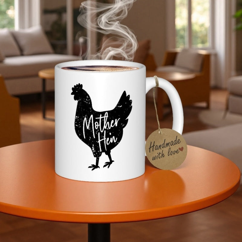 Tailorly White Ceramic 11 oz Mug - Mother Hen Distressed Silhouette Design Featuring Rustic Farmhouse Style Animal Silhouette Hen
