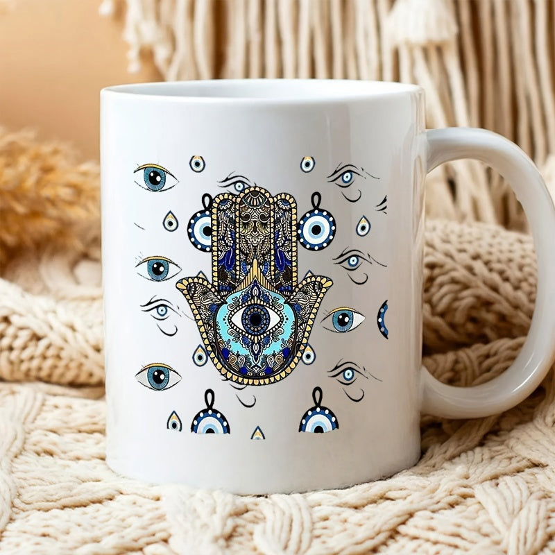 Tailorly White Ceramic 11 oz Mug - Spiritual Ornate Decorative Ancient Talisman With Protective Nazar Symbols Hamsa