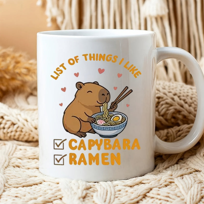Tailorly White Ceramic 11 oz Mug - List Of Things I Like Capybara Ramen Adorable Cartoon Animal Eating Steamy Noodles From A Blue Bowl Capybara