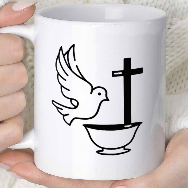 Tailorly White Ceramic 11 oz Mug - Simple Minimalist Black Line Art Flying Bird Beside Holy Cross Dove