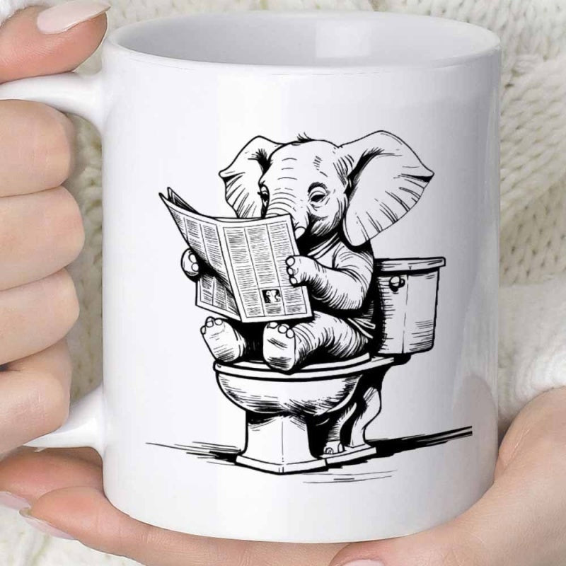 Tailorly White Ceramic 11 oz Mug - Detailed Sketch Of A Cute Baby Elephant Reading Newspaper On Toilet Elephant