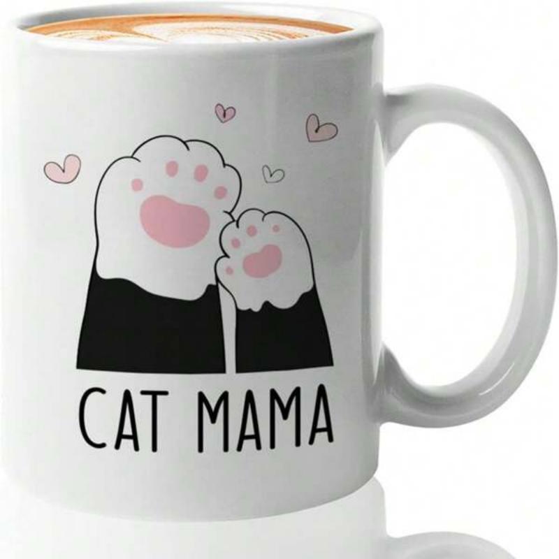 Tailorly White Ceramic 11 oz Mug - Cat Mama Adorable Stylized Feline Paws With Pink Hearts Floating Above Paw